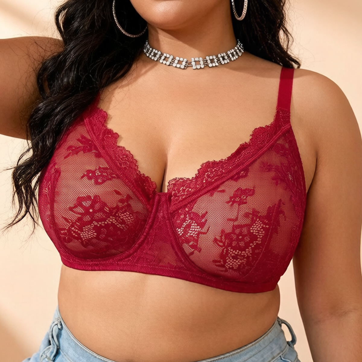 Women Plus Size Red Lace Sheer - Full Coverage Bra avaliação e preço