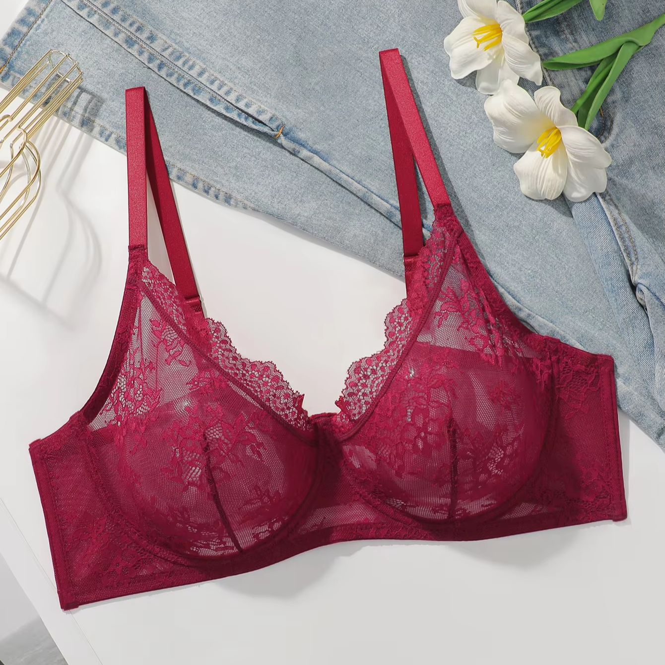 Women Plus Size Red Lace Sheer - Full Coverage Bra avaliação e preço