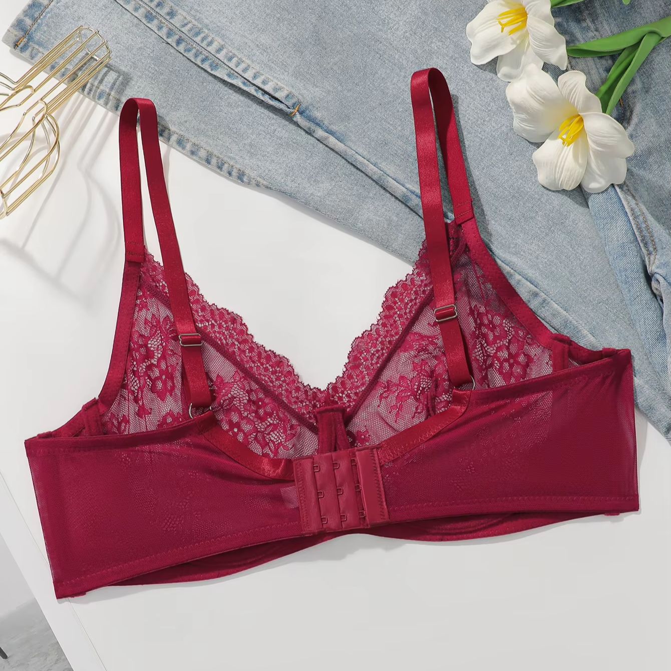 Women Plus Size Red Lace Sheer - Full Coverage Bra avaliação e preço