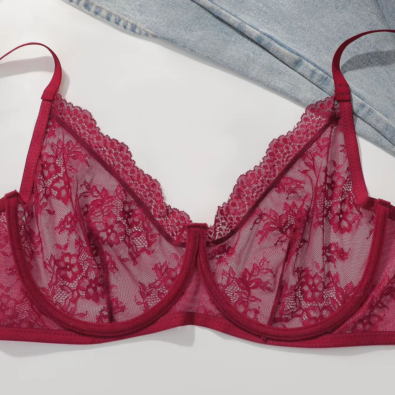 Women Plus Size Red Lace Sheer - Full Coverage Bra avaliação e preço